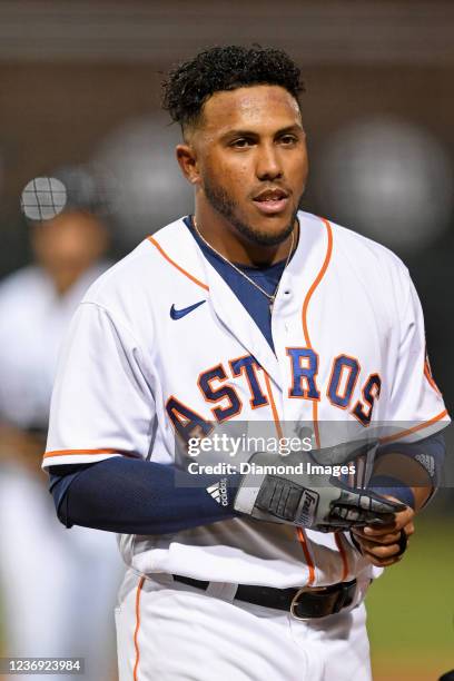 Pedro Leon of the Glendale Desert Dogs looks on against the Mesa Solar Sox at Camelback Ranch on November 10, 2021 in Glendale, Arizona.