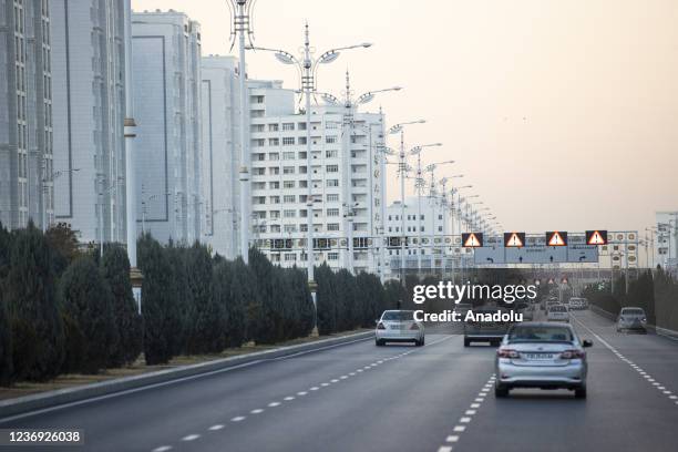 View of white marble buildings in Ashgabat, Turkmenistan on November 24, 2021. The city holds the Guinness Book of Records title for most white...