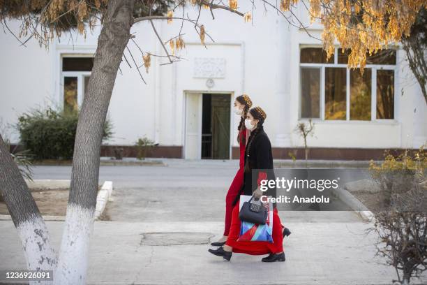 Turkmen student are seen at a street in Ashgabat, Turkmenistan on November 30, 2021.