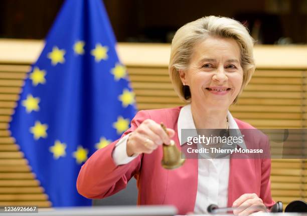 President of the European Commission Ursula von der Leyen rings the bell prior the start of the EU weekly meeting of the EU Commission in the...