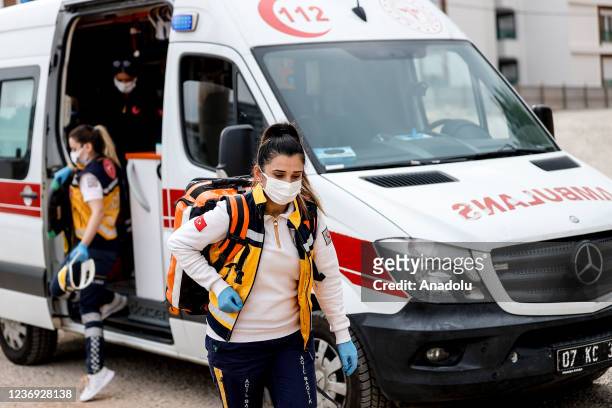 Female emergency medical technicians of an ambulance crew are seen in Turkey's Antalya province on November 26, 2021. The ambulance team competes...