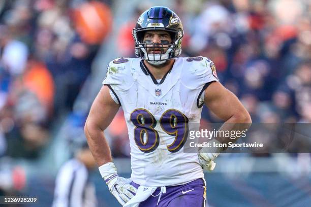 Baltimore Ravens tight end Mark Andrews looks on during a game between the Chicago Bears and the Baltimore Ravens on November 21, 2021 at Soldier...