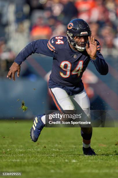 Chicago Bears outside linebacker Robert Quinn in action during a game between the Chicago Bears and the Baltimore Ravens on November 21, 2021 at...