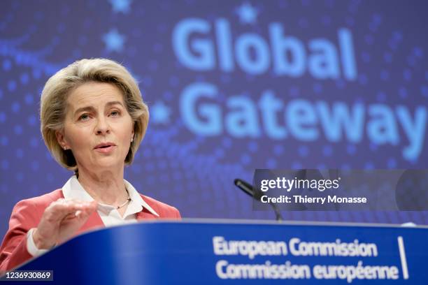President of the European Commission Ursula von der Leyen is talking to media at the end of the weekly EU Commission meeting, in the Berlaymont, the...