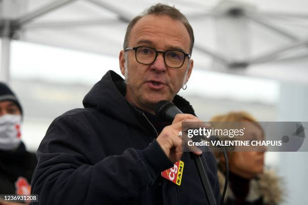 Secretary of the CGT Departmental Union David Gistau, gives a speech in front of the striking employees and their supporters, in Viviez,...