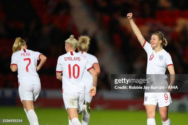 Ellen White of England Women celebrates after scoring a goal to make it 1-0 and equal the international women goals record currently held by Kelly...