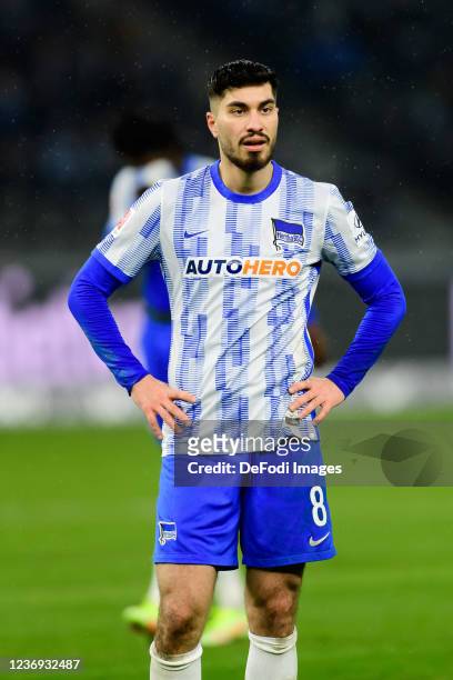 Suat Serdar of Hertha BSC looks on during the Bundesliga match between Hertha BSC and FC Augsburg at Olympiastadion on November 27, 2021 in Berlin,...