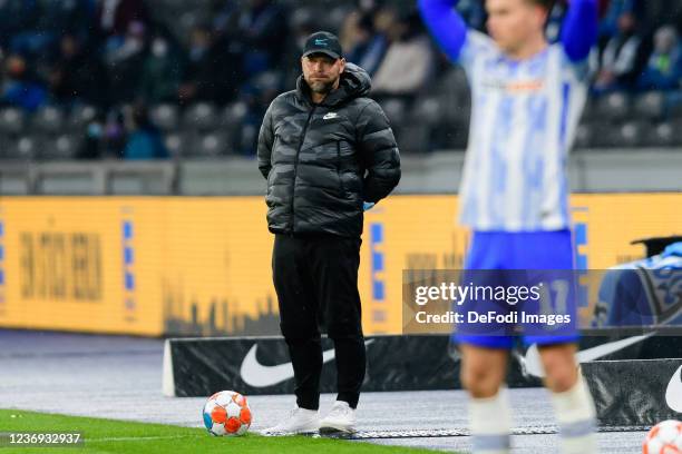 Head coach Pal Dardai of Hertha BSC looks on during the Bundesliga match between Hertha BSC and FC Augsburg at Olympiastadion on November 27, 2021 in...