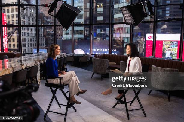 Leeny Oberg, executive vice president and chief financial officer of Marriott International Inc., left, speaks during a Bloomberg Television...
