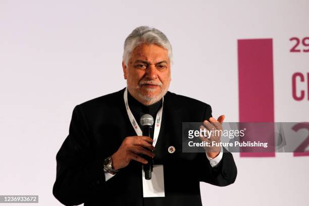 The former president of Paraguay Fernando Lugo talks during the 7th Puebla Group Meeting. On November 30, 2021 in Mexico City, Mexico.