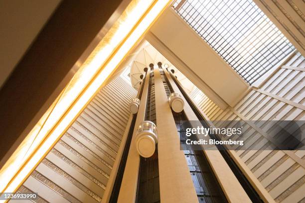 Elevators operate at the New York Marriott Marquis in New York, U.S., on Tuesday, Nov 9, 2021. Marriott International Inc., which has more than 7,900...