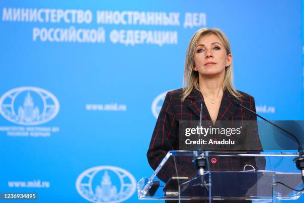 Russian Foreign Ministry Spokesperson Maria Zakharova gives a weekly press briefing at the Russian Foreign Ministry, in Moscow, Russia on December...