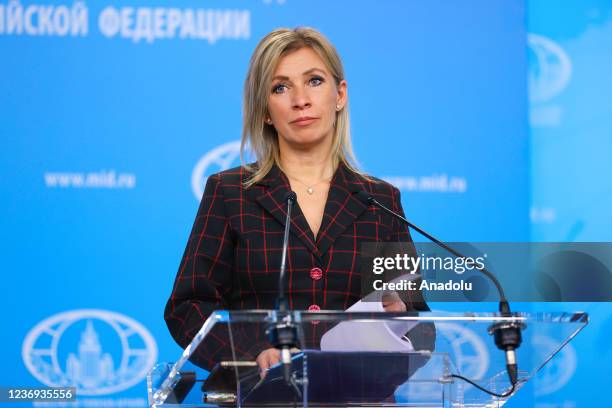 Russian Foreign Ministry Spokesperson Maria Zakharova gives a weekly press briefing at the Russian Foreign Ministry, in Moscow, Russia on December...