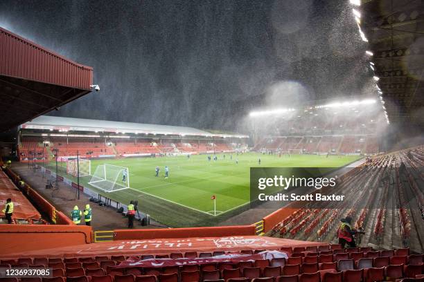 General view of Pittodrie Stadium in the snow prior to the Cinch Scottish Premiership match between Aberdeen and Livingston at Pittodrie Stadium on...