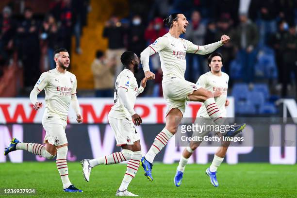 Zlatan Ibrahimovic of Milan celebrates with his team-mates after scoring a goal on a free-kick during the Serie A match between Genoa CFC and AC...