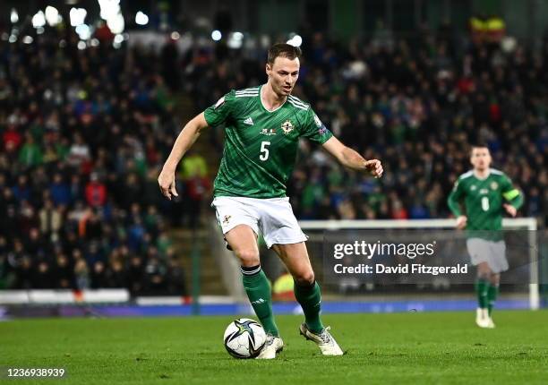 Antrim , United Kingdom - 15 November 2021; Jonny Evans of Northern Ireland during the FIFA World Cup 2022 Qualifier match between Northern Ireland...