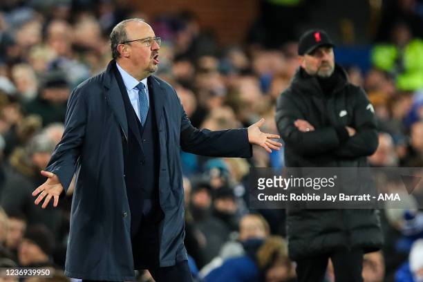 Rafa Benitez the head coach / manager of Everton during the Premier League match between Everton and Liverpool at Goodison Park on December 1, 2021...