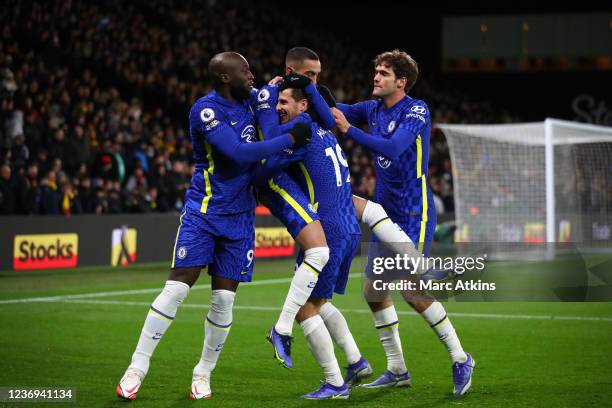 Hakim Ziyech of Chelsea celebrates scoring their 2nd goal with team-mates during the Premier League match between Watford and Chelsea at Vicarage...