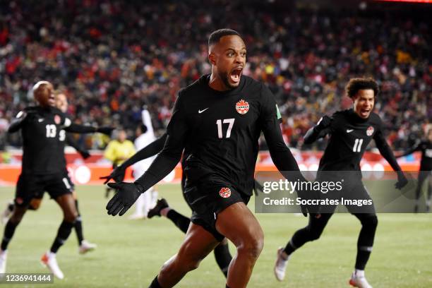 Cyle Larin of Canada celebrates 2-0 during the World Cup Qualifier match between Canada v Mexico at the Commonwealth Stadium on November 16, 2021 in...