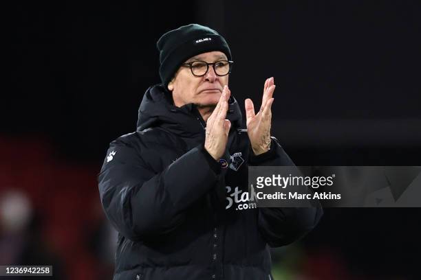 Claudio Ranieri Manager of Watford applauds during the Premier League match between Watford and Chelsea at Vicarage Road on December 1, 2021 in...