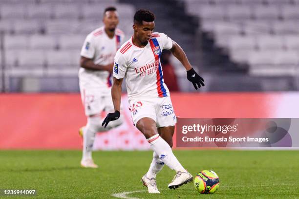 Thiago Mendes of Lyon passes the ball during the Ligue 1 Uber Eats match between Olympique Lyon and Stade de Reims at Groupama Stadium on December 1,...