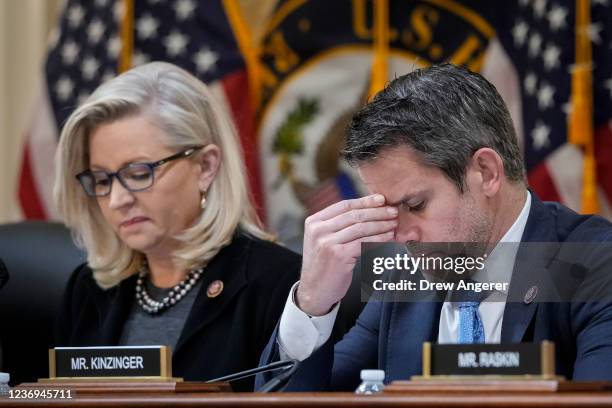 Rep. Liz Cheney , vice-chair of the select committee investigating the January 6 attack on the Capitol, and Rep. Adam Kinzinger listen during a...