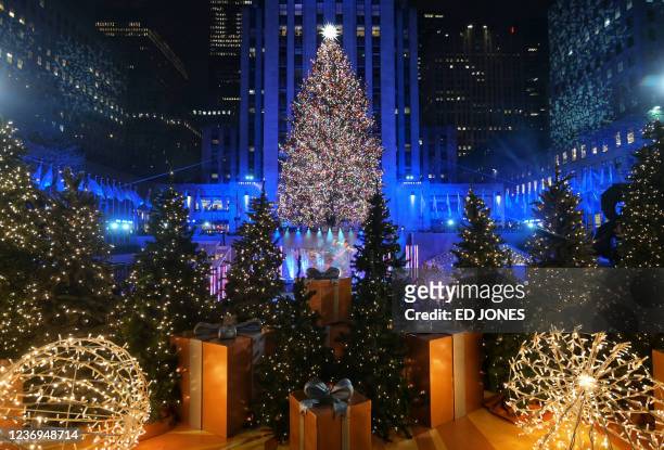 The Christmas tree at Rockefeller Center is lit during a ceremony in New York on December 1, 2021.