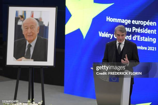 European Parliament President David Sassoli speaks during a ceremony in tribute to former President Valery Giscard d'Estaing, on the first...