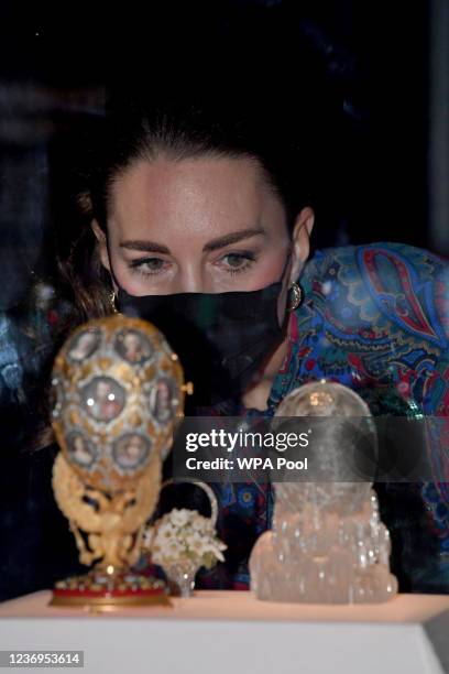 Catherine, Duchess of Cambridge visits the "Faberge in London: Romance to Revolution" exhibition at the Victoria and Albert Museum on December 2,...