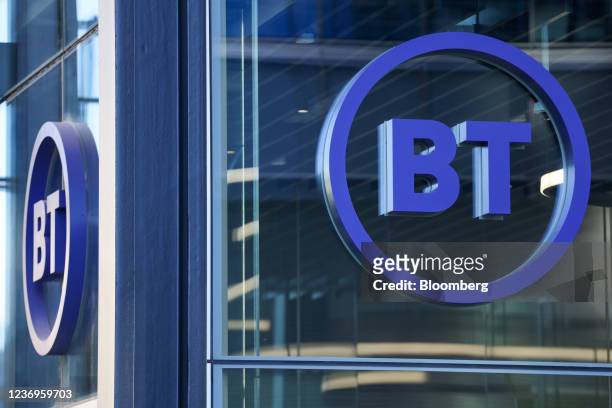 Sign at the new headquarters building of BT Group Plc in Aldgate, London, U.K., on Thursday, Dec. 2, 2021. The London-based group has already brought...