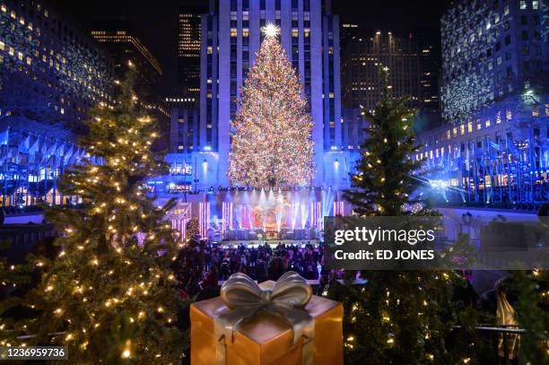 The Christmas tree at the Rockefeller Center is lit during a ceremony in New York on December 1, 2021.