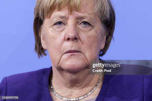 German Chancellor Angela Merkel attends a press conference after a video conference with German State Premiers about the current coronavirus...