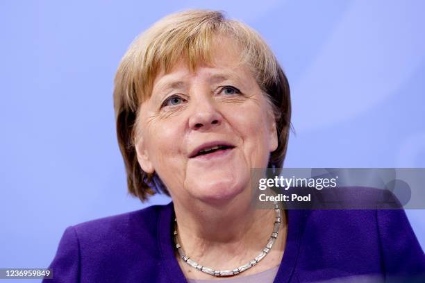 German Chancellor Angela Merkel attends a press conference after a video conference with German State Premiers about the current coronavirus...