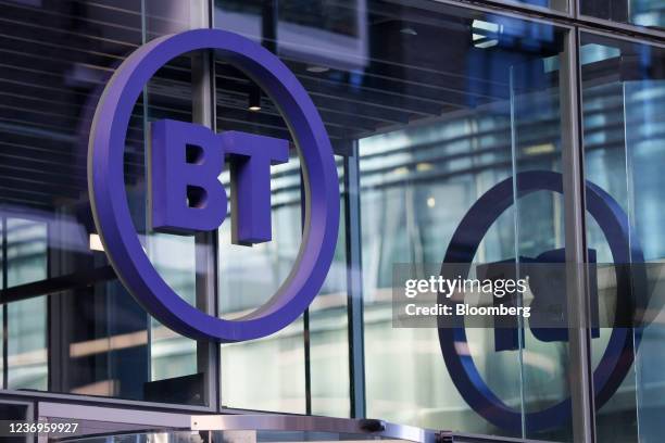 Sign at the new headquarters building of BT Group Plc in Aldgate, London, U.K., on Thursday, Dec. 2, 2021. The London-based group has already brought...