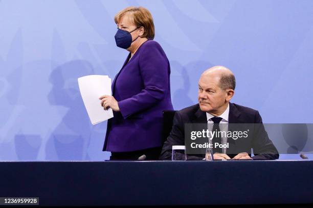 German Chancellor Angela Merkel and Acting German Minister of Finance and Social Democratic Party top candidate for the federal elections Olaf Scholz...