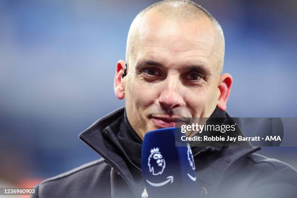 Leon Osman presenting for Amazon Prime during the Premier League match between Everton and Liverpool at Goodison Park on December 1, 2021 in...