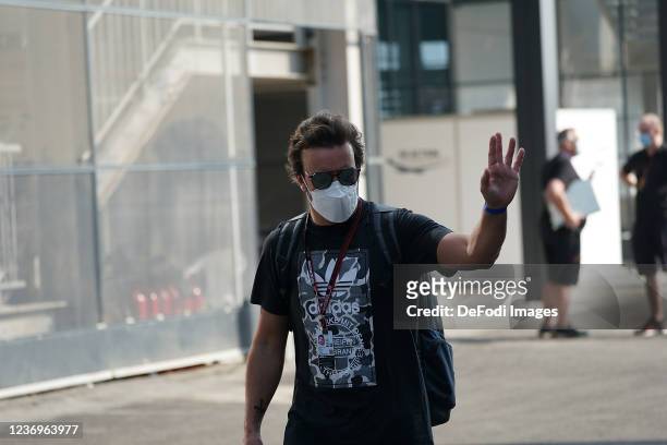 Fernando Alonso of Spain of the Alpine F1 Team gestures during previews ahead of the F1 Grand Prix of Saudi Arabia at Jeddah Corniche Circuit on...