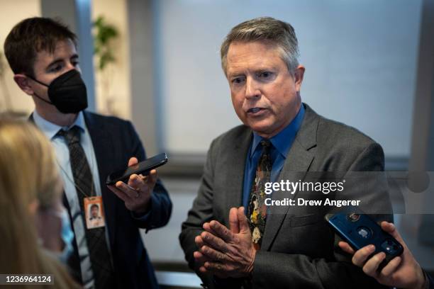 Sen. Roger Marshall talks with reporters on his way to a vote at the U.S. Capitol on December 2, 2021 in Washington, DC. With a deadline at midnight...