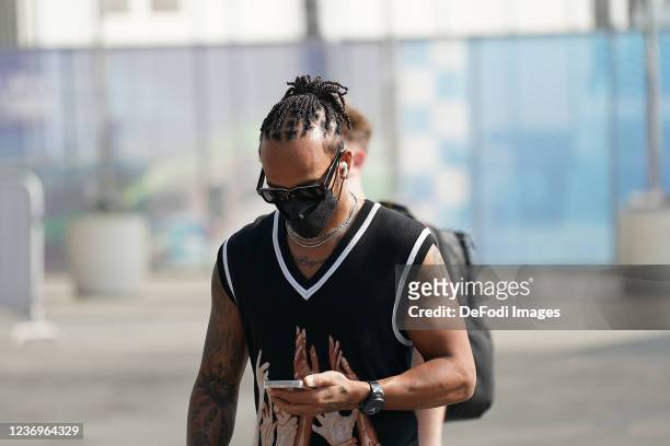 Lewis Hamilton of Great Britain of the Mercedes-AMG Petronas Formula One Team looks on during previews ahead of the F1 Grand Prix of Saudi Arabia at...