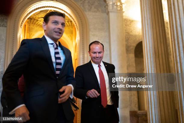 After delivering a speech on the Senate floor, Sen. Mike Lee exits the Chamber at the U.S. Capitol on December 2, 2021 in Washington, DC. With a...