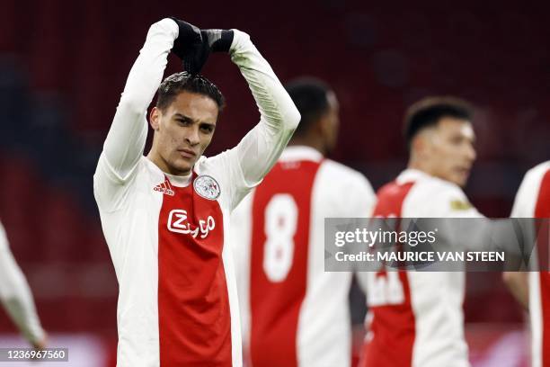 Ajax Amsterdam's Antony Matheus Dos Santos celebrates after scoring a goal during the Dutch Eredivisie match between Ajax Amsterdam and Willem II at...