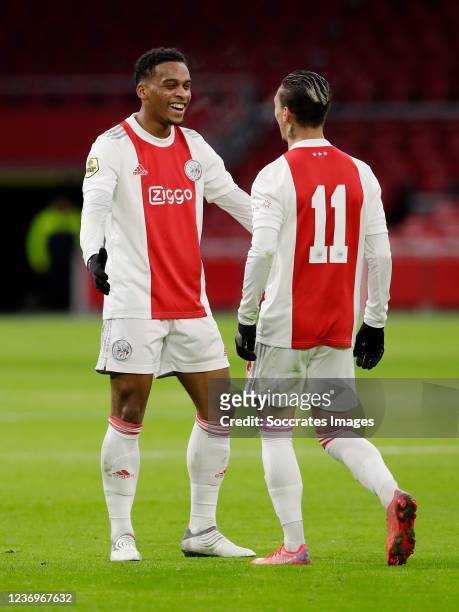 Antony of Ajax celebrates 1-0 with Jurrien Timber of Ajax during the Dutch Eredivisie match between Ajax v Willem II at the Johan Cruijff Arena on...