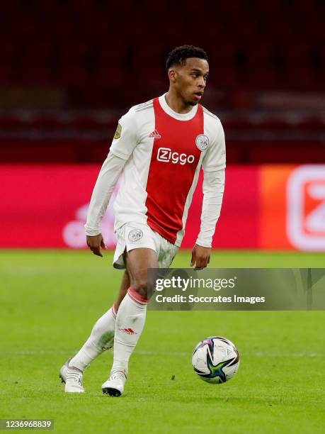 Jurrien Timber of Ajax during the Dutch Eredivisie match between Ajax v Willem II at the Johan Cruijff Arena on December 2, 2021 in Amsterdam...