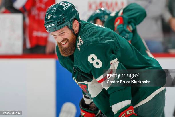 Jordie Benn of the Minnesota Wild warms up prior to the game against the New Jersey Devils at the Xcel Energy Center on December 2, 2021 in Saint...
