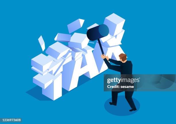 tax cut, businessman crushed the letters tax with a hammer - debt free stock illustrations