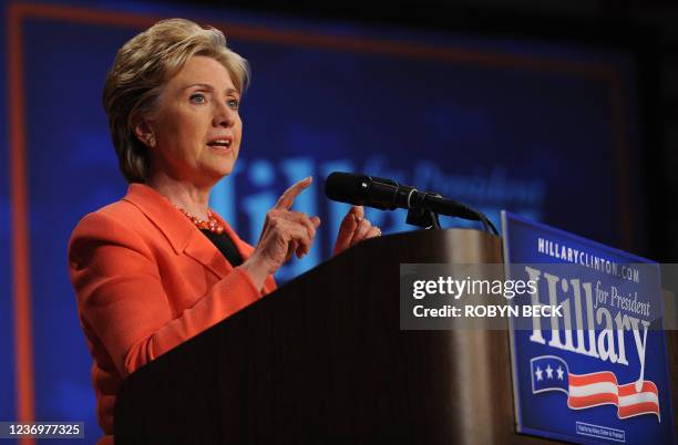 Democratic presidential hopeful New York Senator Hillary Rodham Clinton speaks at her primary election night celebration at the Charleston Civic...