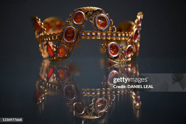 Carnelian, enamel and gold diadem, circa 1800, believed to have belonged to Empress Josephine Bonaparte of France, is displayed during a photocall at...