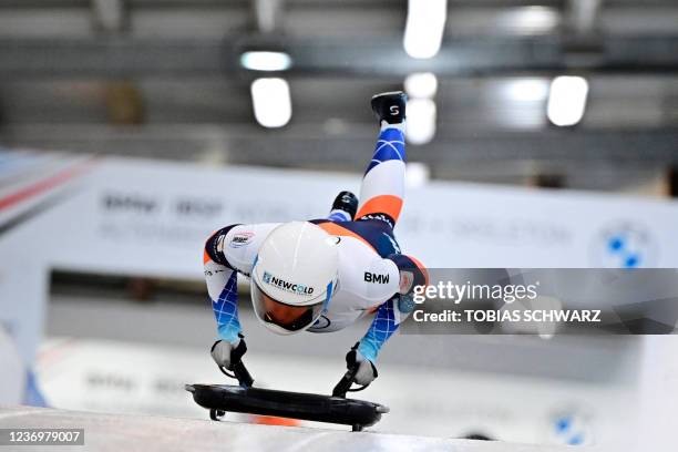 Kimberley Bos of the Netherlands competes in the women's Skeleton World Cup in Altenberg, eastern Germany, on December 3, 2021.