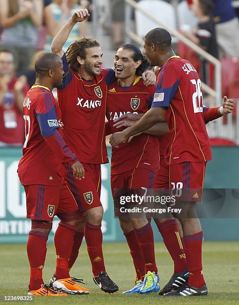 Andy Williams, Kyle Beckerman, Fabian Espindola and Chris Schuler of Real Salt Lake celebrates Beckerman's goal again the Philadelphia Union during...