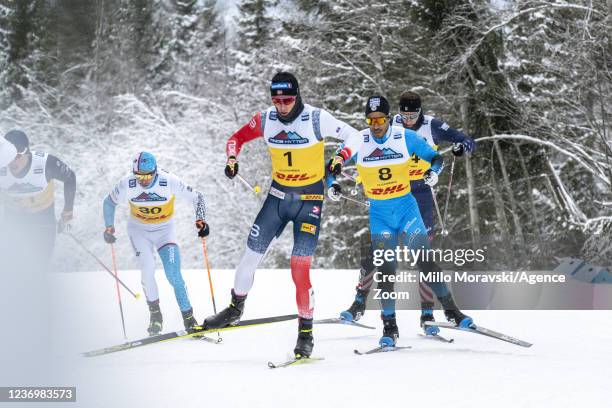 Johannes Hoesflot Klaebo of Norway takes 1st place, Larsen Thomas Helland takes 2nd place, Richard Jouve of France takes 3rd place during the FIS...